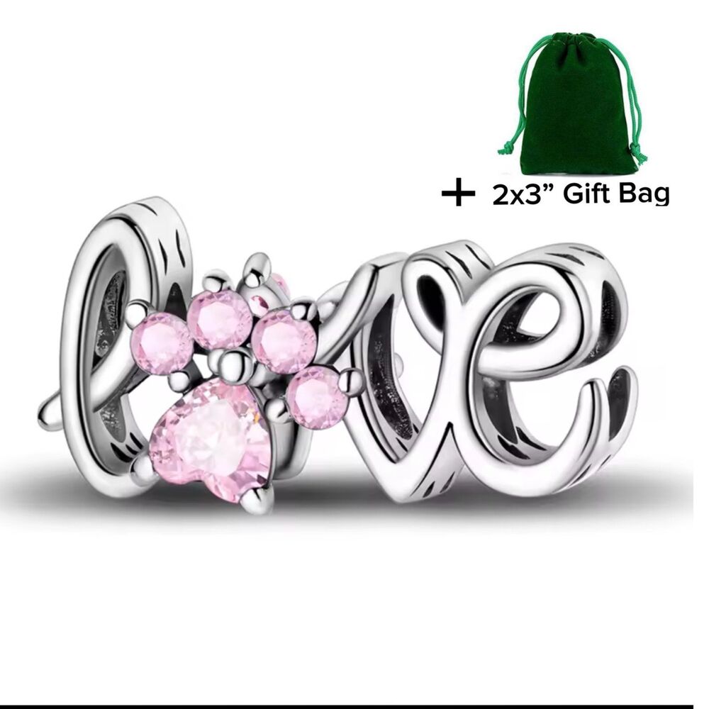 Pink Paw Crystals Dog Cat Lover Charm Bead | 925 Silver | Brand New